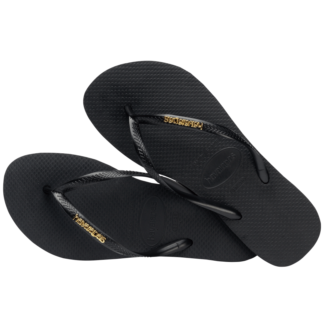 Women's Slim Logo Metallic Flip Flops - Black/Golden